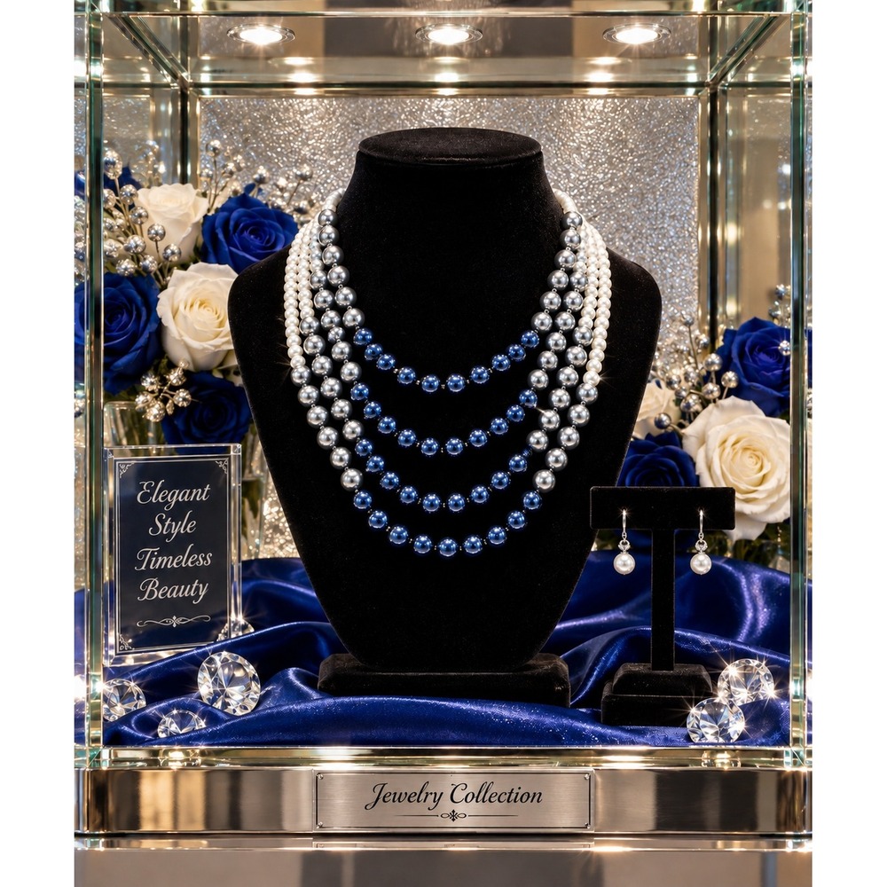 Jewelry‎ Set Necklace & Earrings Set Blue, Gray and White